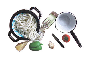 Dollhouse Miniature Spaghetti In Colander with Pan & Accessories